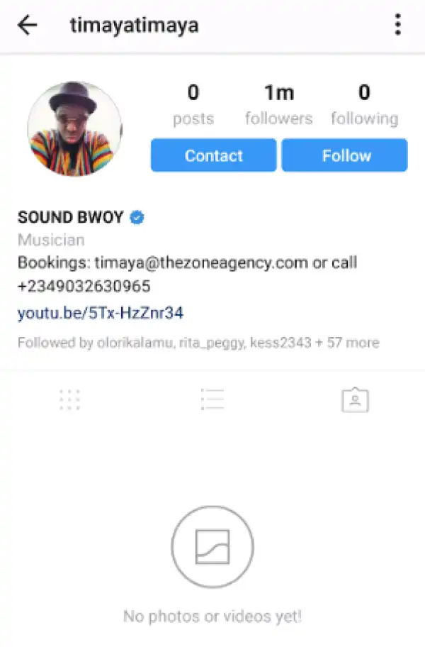 Timaya deletes all Instagram posts and photos
